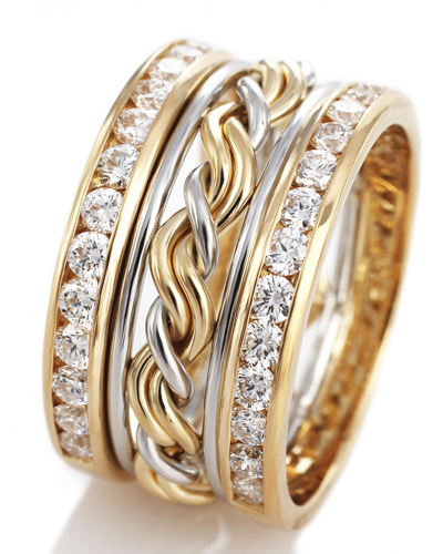 Solid Gold. Unique braided diamond ring. This unique wedding ring is woven and handmade by Todd Alan. This has our cord of three ring and then diamond outer bands surrounding it.