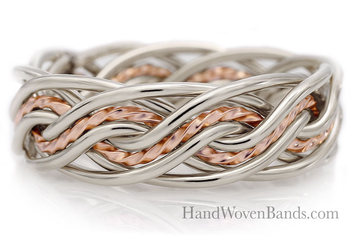 Intricately handwoven Eight Strand Double Weave Ring made of intertwined silver and rose gold strands, displayed against a white background with a website watermark.