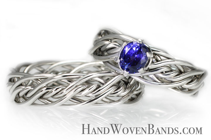 Sapphire braided wedding ring set. This braided ring set is made in 14k white gold and mounted with a sapphire. This is handmade my Todd Alan. This engagement ring with a sapphire is a woven ring.
