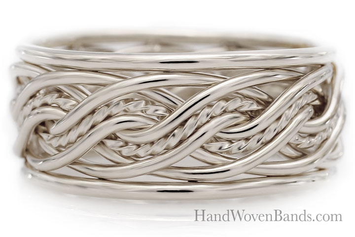 Silver eight-strand double weave band with intricate intertwining design, displayed against a white background.