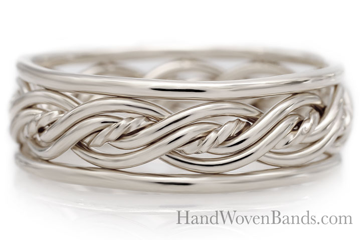 Silver five-strand wedding band with intricate braiding, displayed on a white background with the website handwovenbands.com visible.