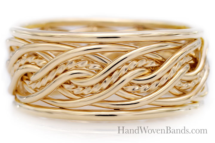 Intricately handwoven eight-strand double weave gold wedding band design on a white background, showcasing a detailed interlaced pattern.