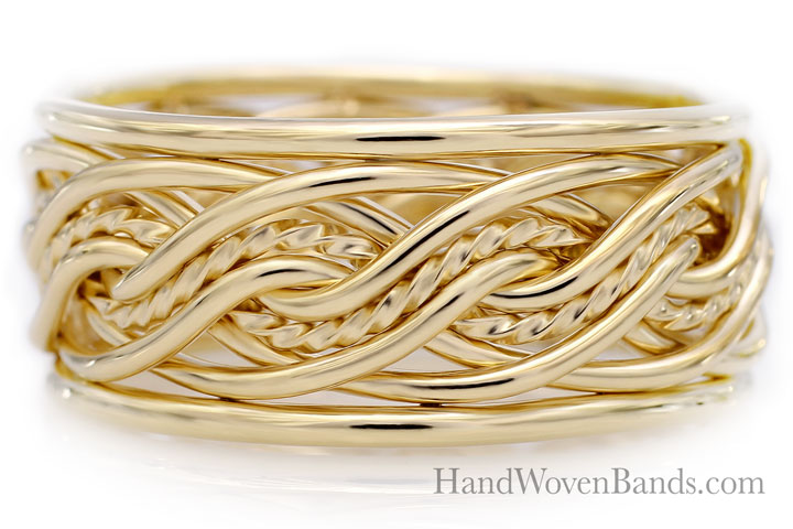 Intricately woven eight-strand double weave gold band ring with a detailed, twisted design creating a textured appearance, displayed on a white background with a "handwovenbands.com" watermark.