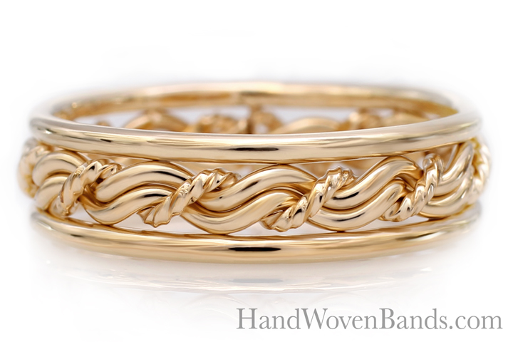 Our braided wedding ring using our cord of three braid. Handmade by artist Todd Alan. This braided ring is made in all 14k yellow gold.