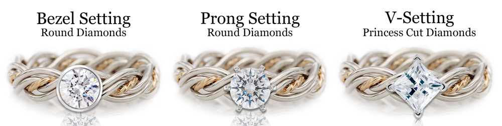 Diagram showing the difference between diamond settings including bezel, prong and v-settings. All of these are featured on Todd Alan's braided wedding rings