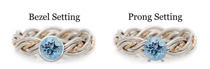 This a diagram showing the difference between bezel and prong settings using an aquamarine. The aquamarine is placed in a Todd Alan original braided ring.