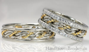 Diamond bands surrounding our Christian wedding ring set. This is a cord of three wedding ring set braided by hand by Todd Alan