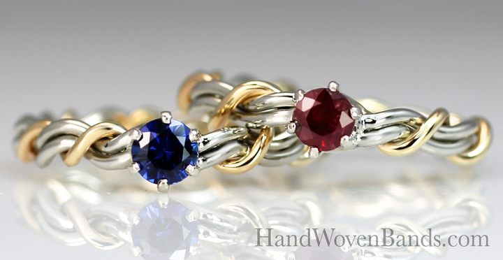 braided ring with a ruby. Also this is an engagement ring with a sapphire. Both these rings are braided rings with our cord of three braid.