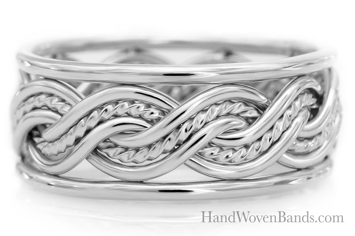 Silver six-strand closed weave ring crafted with intricate, intertwined designs showcased against a white background. Text "handwovenbands.com" is visible.