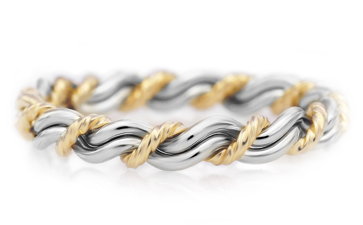 Two-tone cord of three with 18k and platinum mixed together. Handmade and woven ring