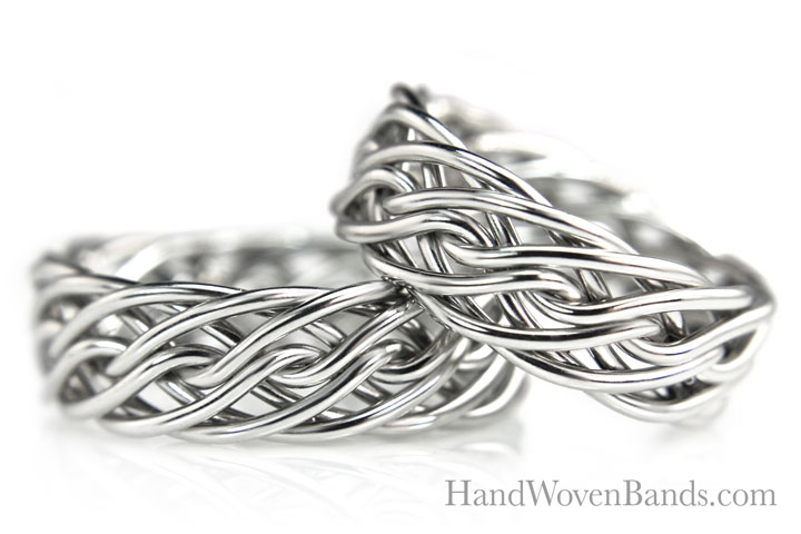 This is an example of our braided rings made from the same braid in 14k white gold. Both braided wedding rings are handmade with the eight strand open weave braid