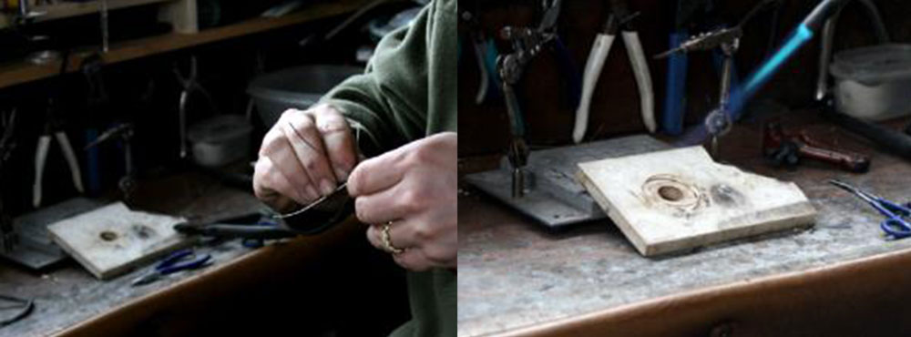 Jewelry artist Todd Alan working on twisting and braiding his braided rings. This shows his jewelers work bench