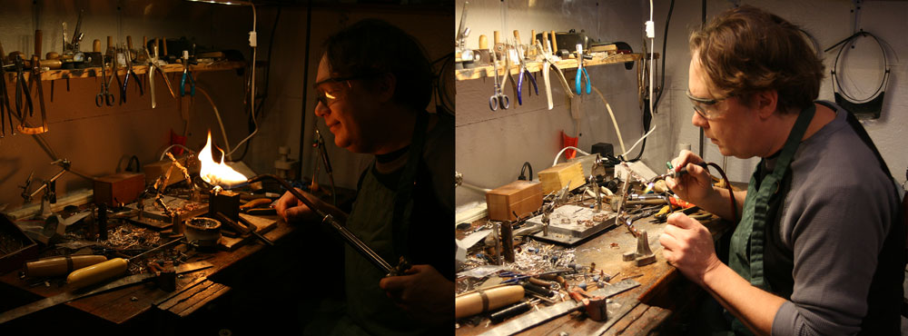 Two photos, one to the left of Jewelry artist Todd Alan smiling with a torch making his braided rings. The left is him working on his artistic braided wedding bands.