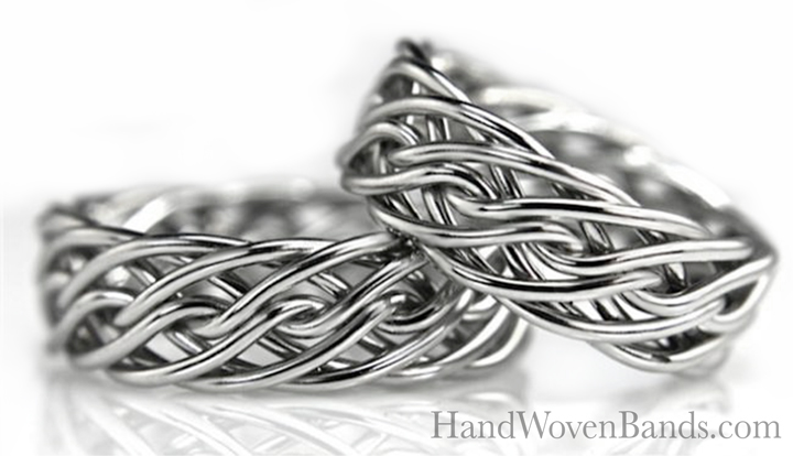 These rings were made from the same braid and are both the eight strand open weave handcrafted by artist Todd Alan. You can make any two rings from the same braid at handwovenband.com