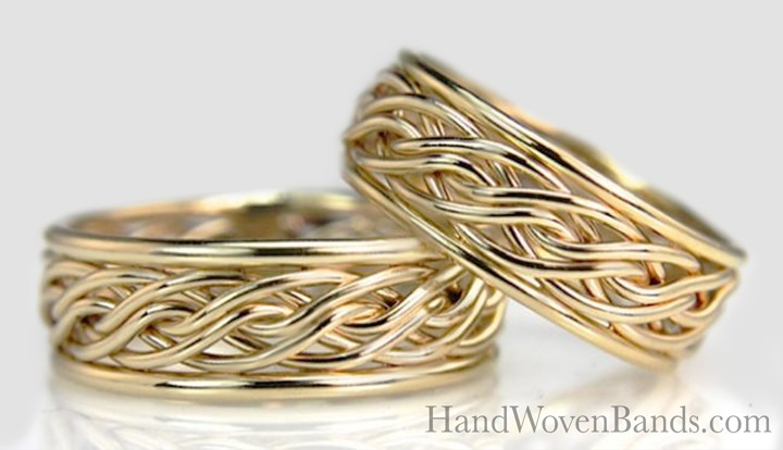 This is a perfect example of rings for his/her bands. the one on the left is our smaller six strand braided ring. The one on the right is the eight strand open weave braided ring. Both are made in solid 14k yellow gold. This is a perfect example of making a unique braided wedding ring set.