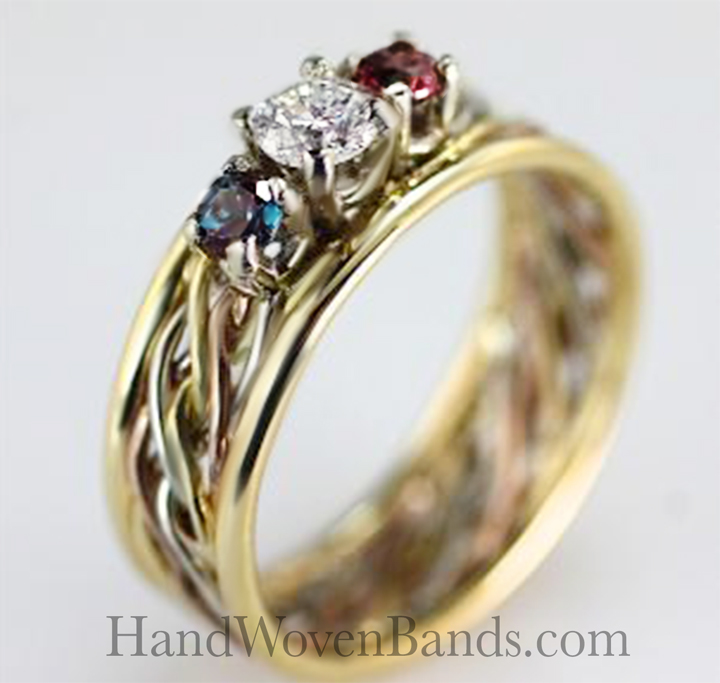 unique-diamond-braided-wedding-ring-set-plate-14b This is a unique braided ring or braided wedding ring set with gemstones and a diamond. The ring featured is a six strand open weave ring with 14k yellow gold outer bands.