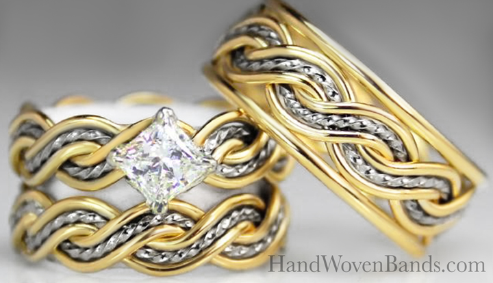 This is a braided engagement ring and braided wedding ring set using our six strand open weave braid made in two-tone. It is set with a .33ct princess cut diamond in a uniquely set way.