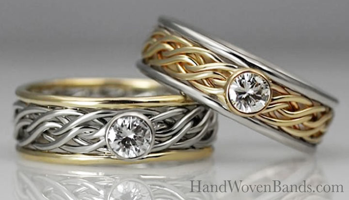 Two engagement rings set with diamonds. Both are braided rings or braided engagement rings. They are reversed two-tone rings and both in the six strand..