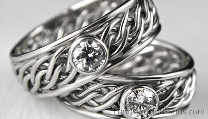 This is a unique platinum braided wedding ring set. Both rings are set with a bezel set diamond in our six strand open weave braid.