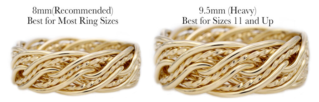 Four Strand gold braided rings displayed side by side, labeled as 8mm recommended for most ring sizes and 9.5mm best for sizes 11 and up.