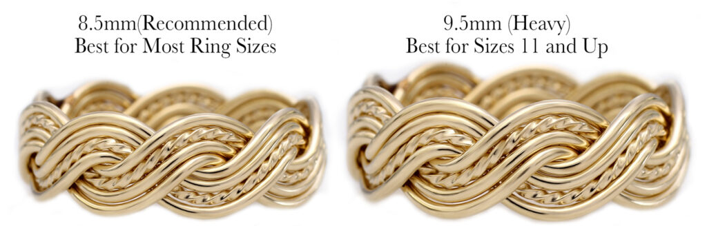 Four Strand gold woven rings displayed side by side, labeled as 8.5mm recommended for most sizes and 9.5mm best for sizes 11 and up.