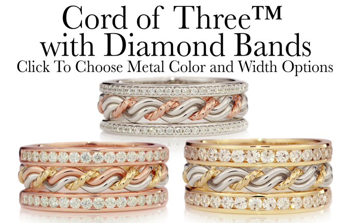 An advertisement showing a collection of Cord of Three Wedding Rings with intertwined gold, silver, and rose gold bands, highlighted by diamond accents.