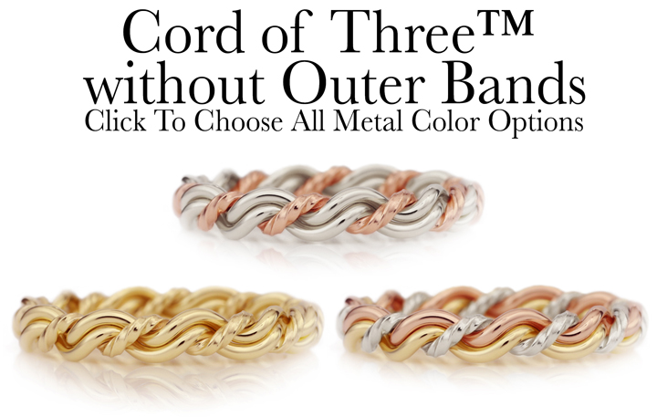 Three images of twisted metal bracelets in gold, silver, and rose gold, titled "Cord of Three Wedding Rings" without outer bands.
