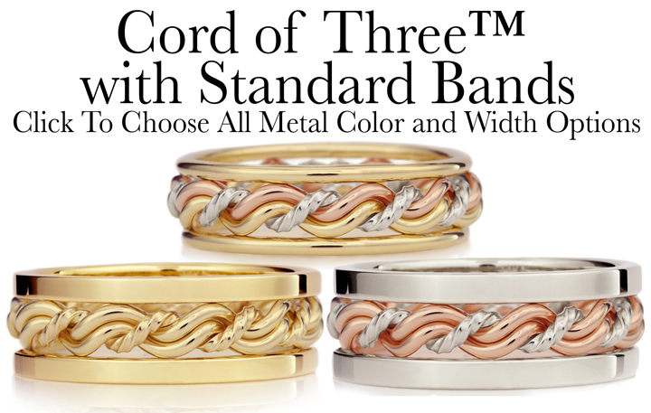 Collection of three intertwined metallic wedding rings in gold, silver, and rose gold, displayed with an advertisement for "Cord of Three Strands Wedding Ring" with options for color and size.