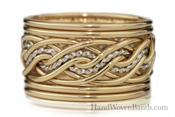 Upgrade gold and silver intertwined woven band ring against a white background.
