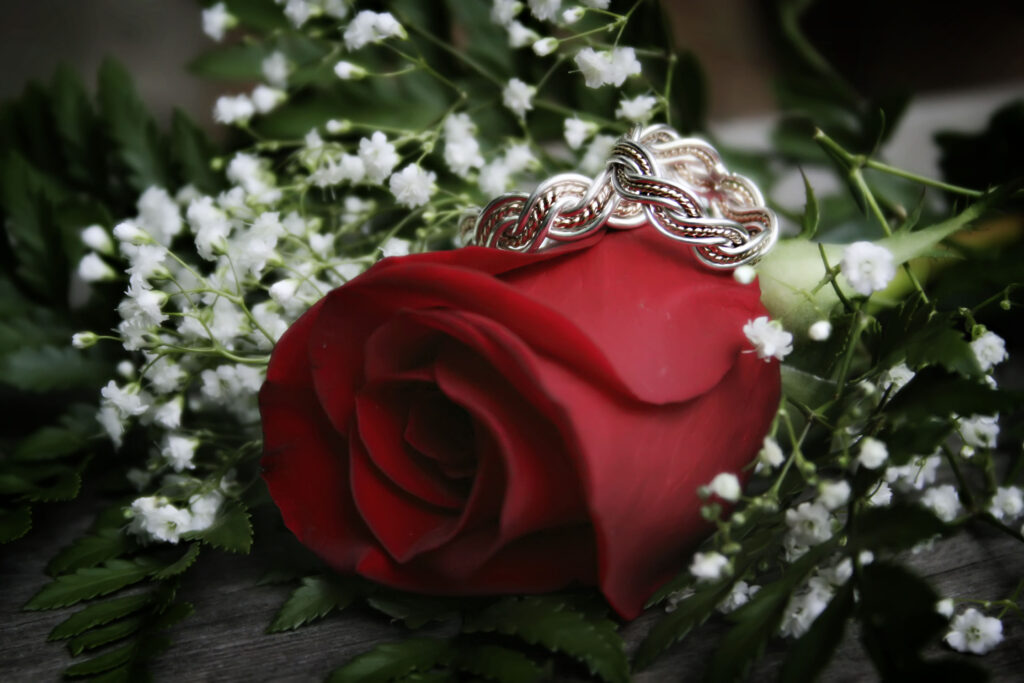A close-up image of a red rose surrounded by small white flowers and green leaves, with a six strand closed weave ring placed on top.