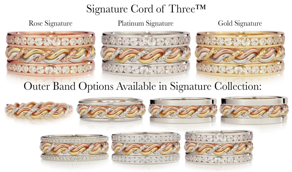 Image displaying a collection of "cord of three strands wedding rings" in rose, platinum, and gold options with different outer band styles.
