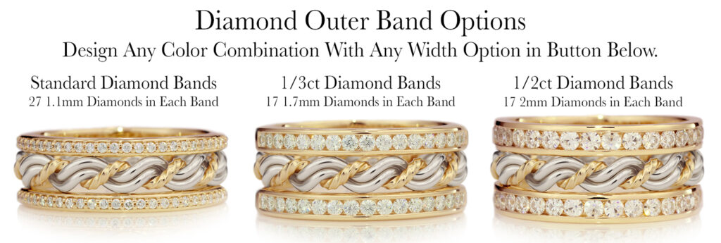 Three diamond and gold rings, known as Cord of Three Strands wedding rings, displayed with specifications for size and diamond weight, labeled as different outer band options.
