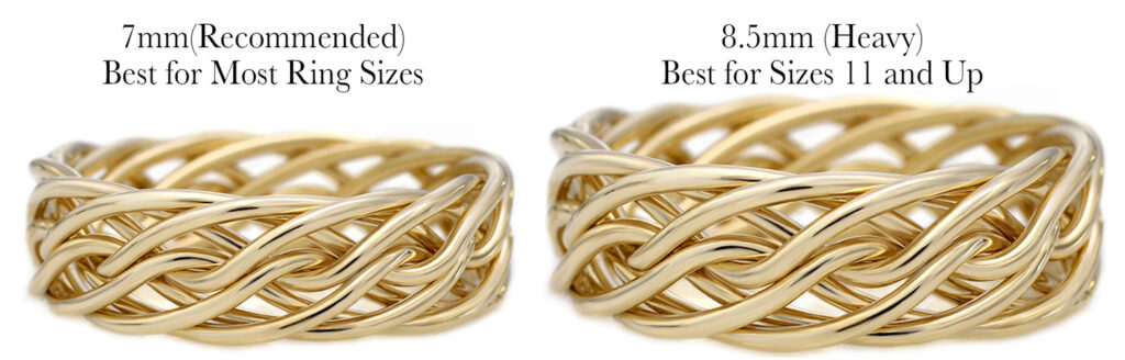 Two sets of gold four strand braided rings; 7mm rings labeled as recommended for most sizes, and 8.5mm rings advised for sizes 11 and up.