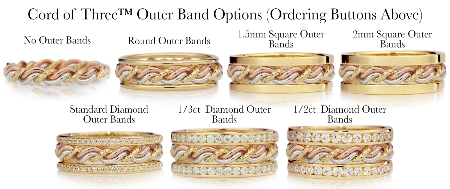 Variety of "Cord of Three Wedding Rings" displaying different diamond sizes and designs, listed with specifications.