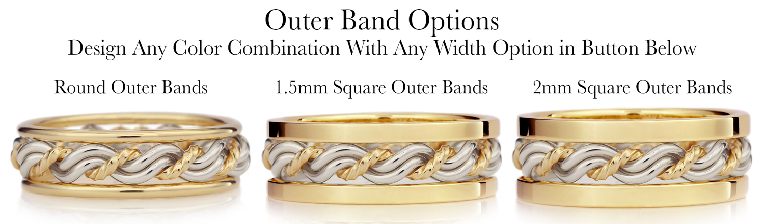 Image displaying three styles of two-toned, intricate metal bands titled "Cord of Three Wedding Rings," demonstrating varying designs and thicknesses.