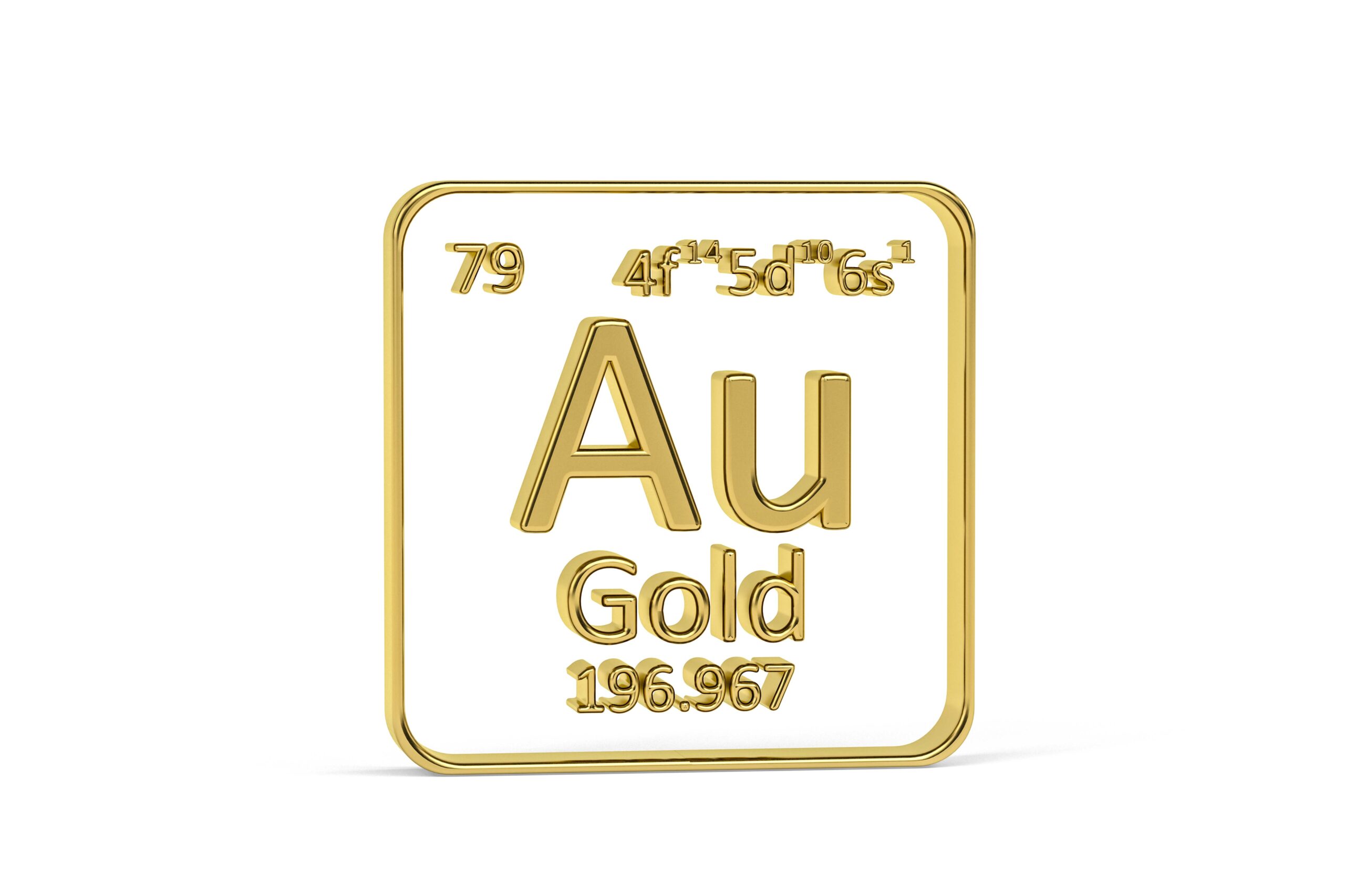 3D rendering of a gold-colored periodic table element block for gold (Au), essential for gold investing, featuring its atomic number 79, symbol, and atomic weight on a white background.