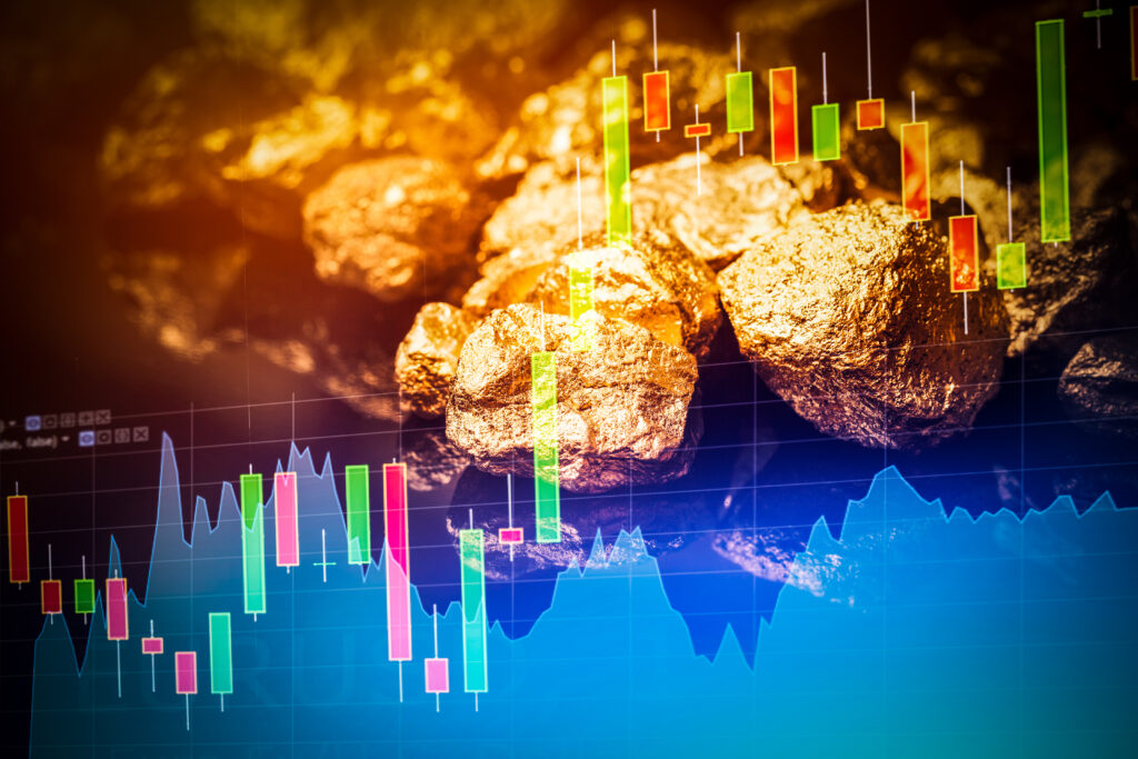 Gold nuggets overlaid with fluctuating stock market graphs, indicating the economic dynamics of gold investment.