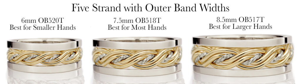 Five strand rings in silver and gold with varying widths labeled for different hand sizes, displayed side by side.