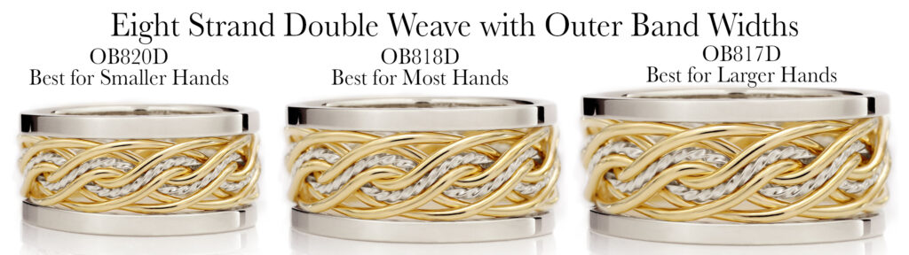 Three different sized silver and gold eight-strand open weave bracelets, labeled for small, most, and larger hands.