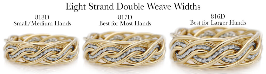 Three gold and silver eight-strand open weave bracelets in different sizes labeled for various hand sizes.