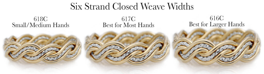 Three variations of six-strand open weave bracelets with size recommendations labeled for different hand sizes.