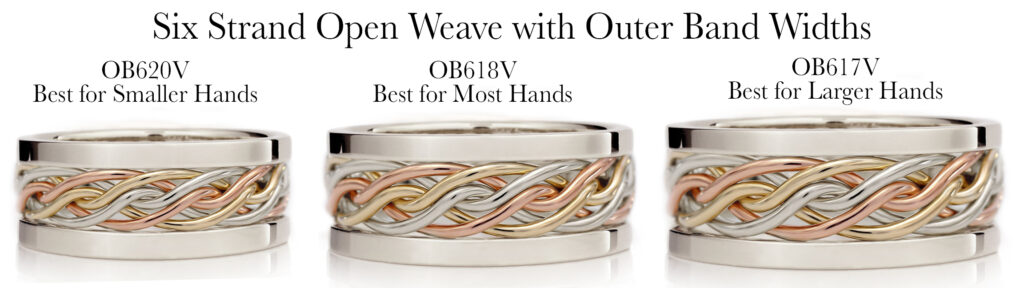Three braided metal rings in varying sizes, labeled for small, most, and larger hands, each featuring a six-strand open weave design with outer bands in different metal colors.