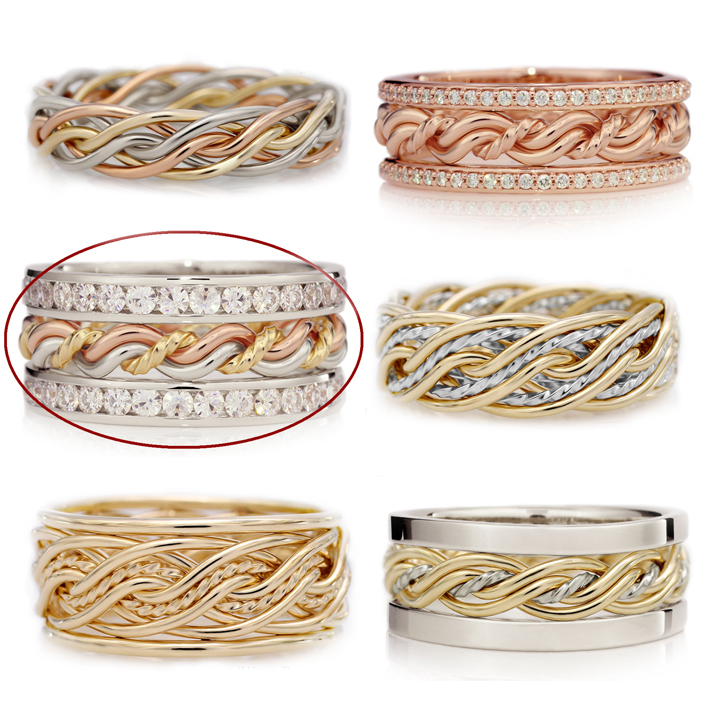 A collage of various braided rings in gold, rose gold, and silver, with one ring highlighted by a red ellipse.