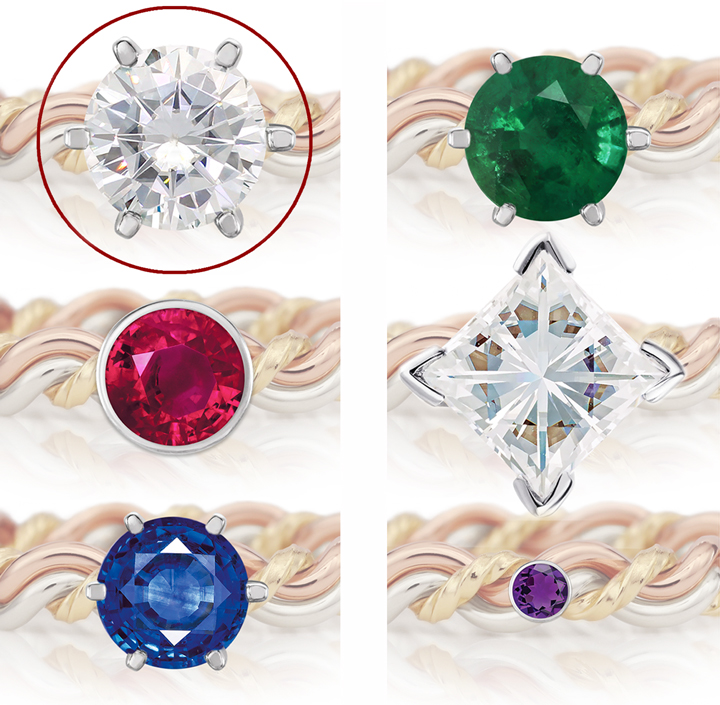 Four gemstone rings with different designs and settings: top left braided diamond, top right emerald, bottom left ruby, bottom right sapphire with small amethyst.