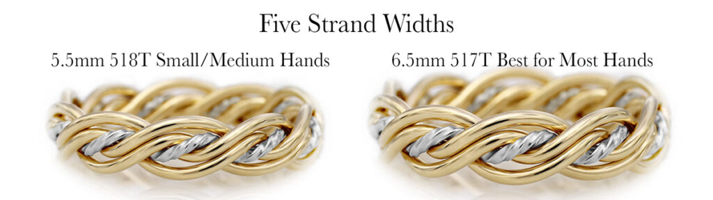 Two types of five-strand open weave metal rings, labeled with different widths and suitability for hand sizes, displayed against a white background.