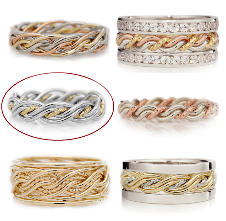 A collage of eight interwoven band rings in various gold and silver finishes, adorned with gemstones, with one ring highlighted in a red circle.