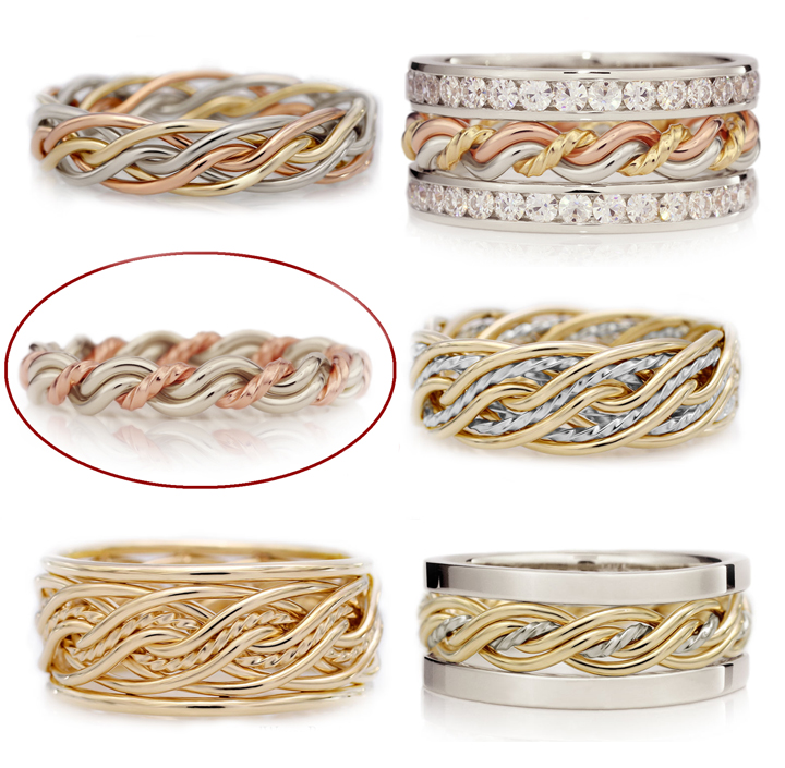 A collection of six unique braided rings in silver, gold, and rose gold finishes, including three highlighted with diamonds.