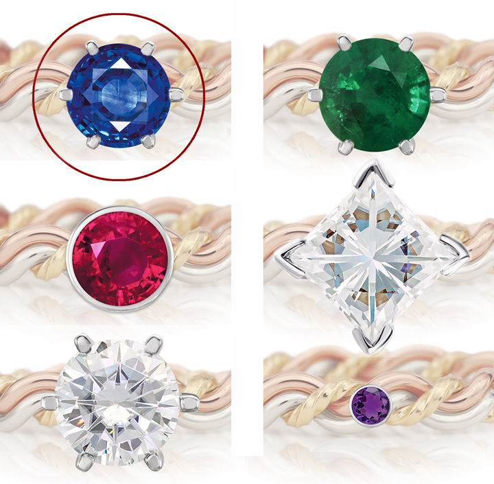Six gemstone rings featuring various stones such as blue sapphire, green emerald, red gem, clear diamonds, purple gem, and added yellow topaz, set on twisted multicolor metal bands.