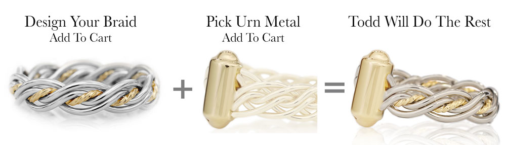 Three-part image showcasing custom cremation jewelry design: a silver and gold braided urn ring, a pile of metal bands, and the resulting mixed-metal memorial ring, with text overlays describing each step.